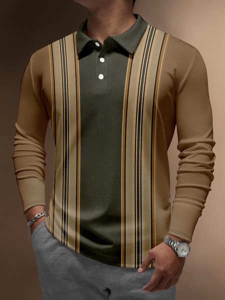

Striped Textured Buttons Long Sleeve Bowling Polo, Yellow brown, Men's t-shirts
