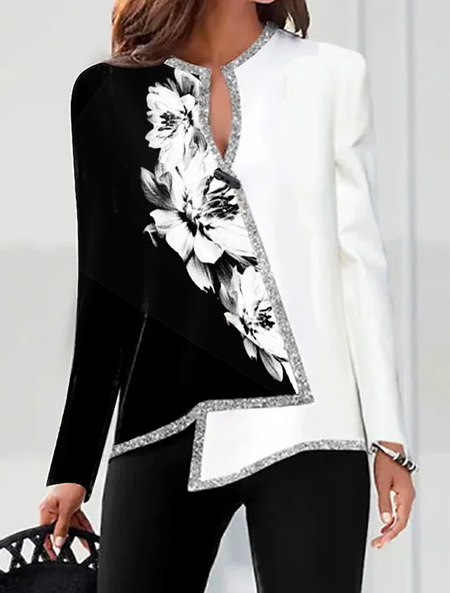 

Notched Floral Party Top tunic, Black-white, Blouses