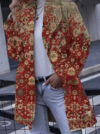 

Ethnic Cotton-Blend Shawl Collar Casual Other Coat, Red, Coats