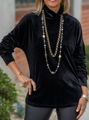 

Casual Pleuche Velvet Turtleneck Top, Black, Tops