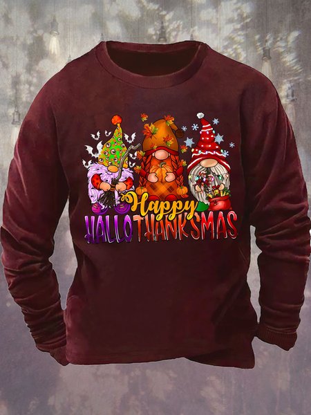 

Mens Happy Hallothanksmas Christmas Gnome Funny Graphics Printed Crew Neck Sweatshirt, Wine red, Hoodies&Sweatshirts