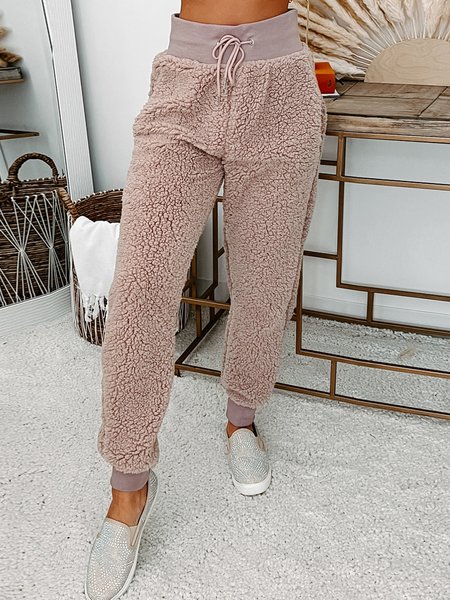 

Regular Fit Plain Casual Teddy Pants, Pink, Pants