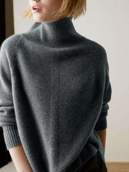 

Turtleneck Plain Loose Sweater, Gray, Pullovers
