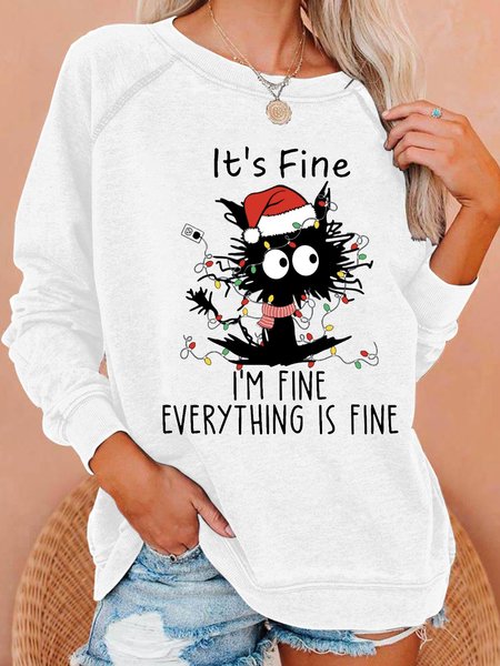 

It's Fine I'm Fine Everything Is Fine Christmas Cat Women's Sweatshirt, White, Hoodies&Sweatshirts