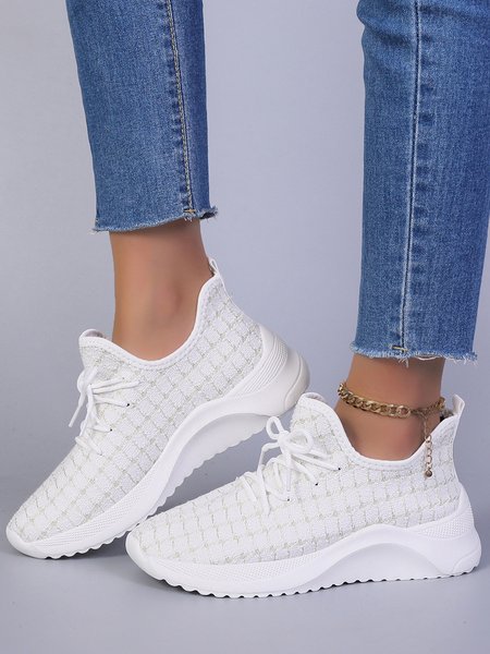 

Plus Size Plaid Mesh Fabric Slip On Sneakers, White, Sneakers