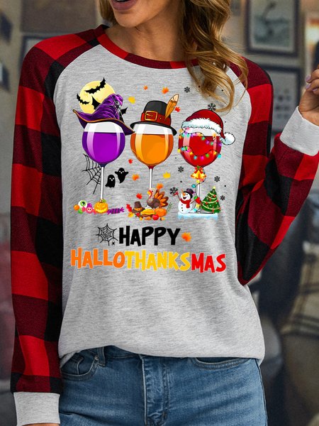 

Women's Harry Hallothankmas Three Red Wine Glasses Funny Buffalo Plaid Graphic Print Merry Christmas Loose Crew Neck Top, White, Long sleeves