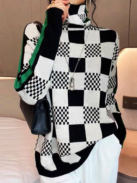 

Urban Loose Turtleneck Plaid Color Block Sweater, Green, Pullovers
