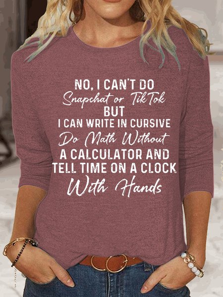 

Crew Neck Long Sleeve Text Letters Regular Micro-Elasticity Regular Fit Shirt For Women, Rose red, Blouses