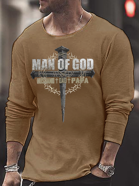 

Men Man Of God Husband Dad Papa Crew Neck Casual Loose Top, Khaki, Long Sleeves