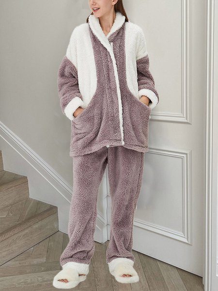 

Fluff/Granular fleece fabric Shawl Collar Color Block Two-Piece Set, Multicolor, Dresses