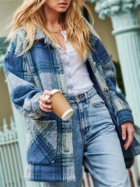 

Woolen Casual Loose Single-Breasted Checkered Lapel Coat, Blue, Coats