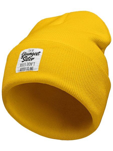 

I'm The Youngest Sister Rules Don't Apply To Me Family Text Letter Beanie Hat, Yellow, Hats