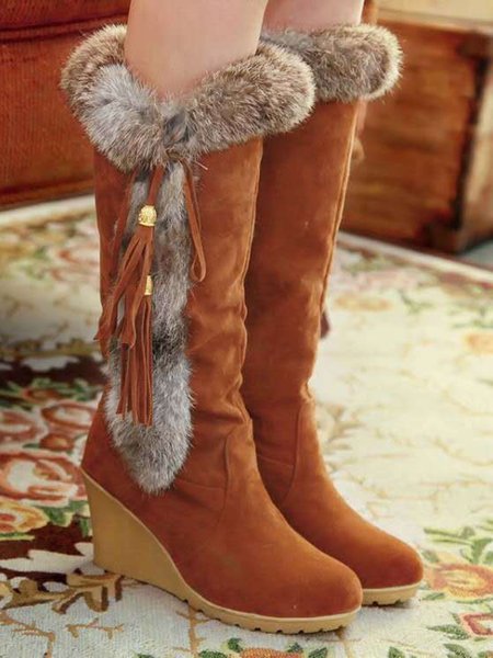 

Women Plus Size Vintage Fringe Plush Warm Wedge Heel Block Heel Snow Boots, Orange, Boots