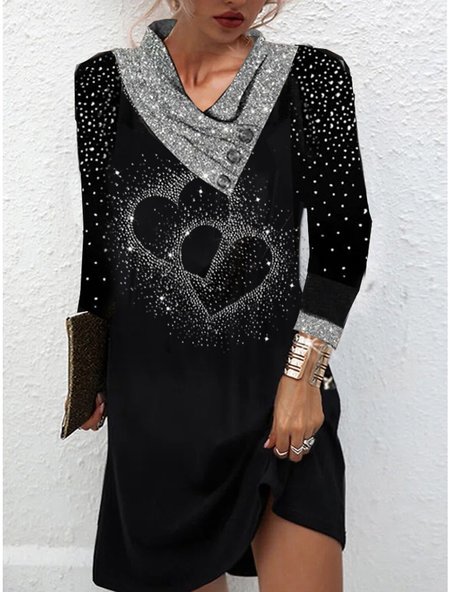 

Hot Silver Heart Long Sleeve Knit Dress, Black, Dresses