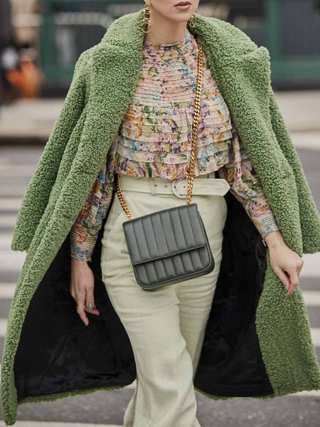 

Plain Lapel Collar Urban Loose Teddy Jacket, Green, Others