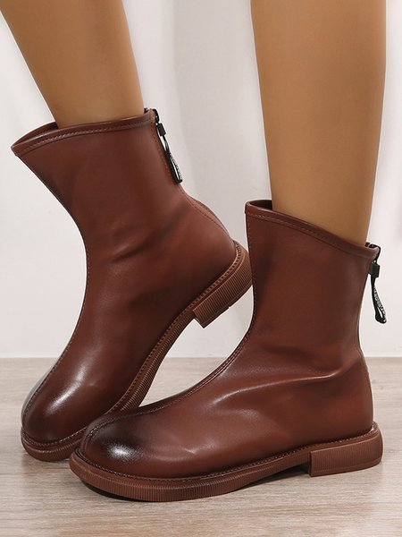 

Antique Polished Short Back Zip Block Heel Boots, Brown, Boots