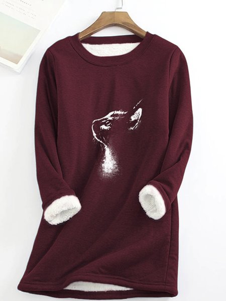 

Crew Neck Casual Cat T-Shirt, Red, Tops