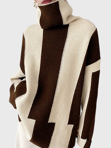 

Striped Daily Long sleeve Simple Turtleneck Sweater, Coffee, Sweaters