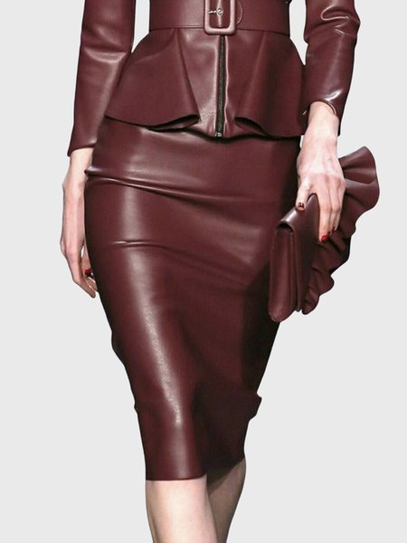

PU Daily Plain Regular Fit Urban Skirt, Deep red, Skirts