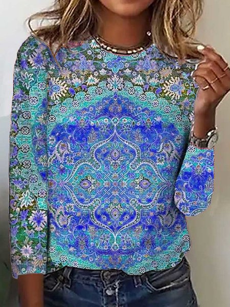 

Loose Ethnic Casual T-Shirt, Blue, T-Shirts