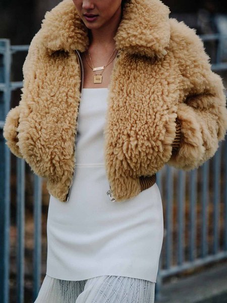 

Urban Shawl Collar Color Block Teddy Jacket, Khaki, Others