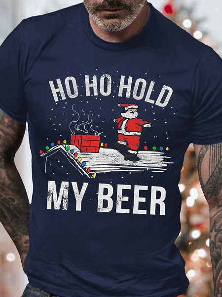 

Mens Ho Ho Hold My Beer Funny Graphics Printed Cotton Loose Christmas T-Shirt, Purplish blue, T-shirts