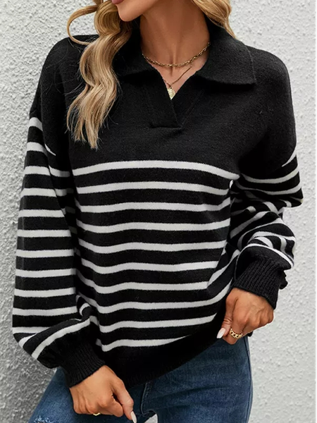 

V Neck Loose Geometric Sweater, Black, Sweaters