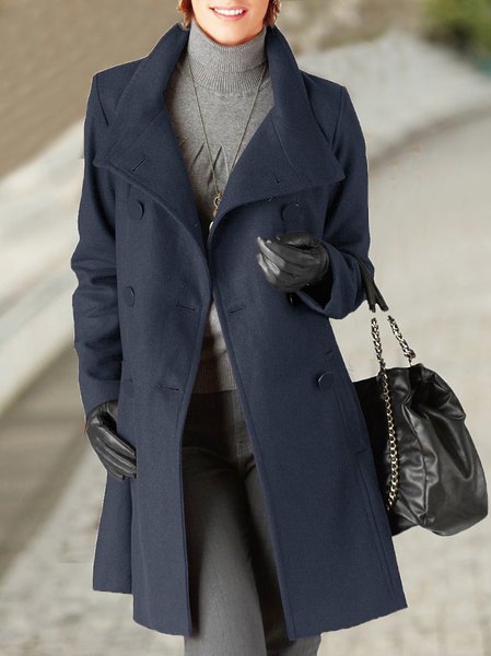 

Plain Lapel Collar Casual Overcoat, Navy blue, Trench Coats