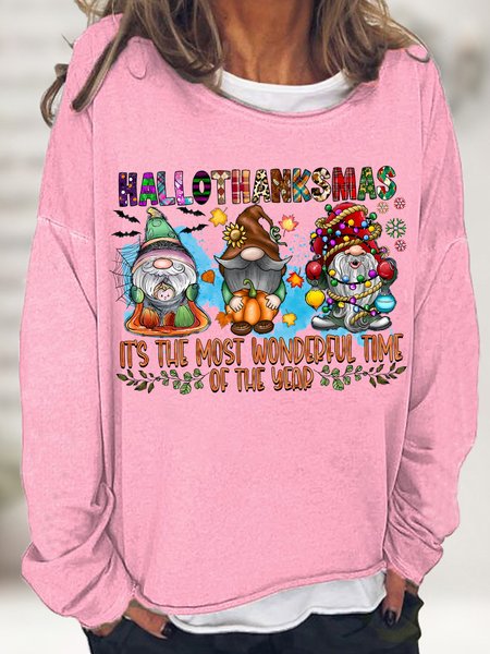 

Women's Happy Hallo Thanks Mas It Is Most Wonderful Time Of The Year Funny Gnome Christmas Graphic Print Casual Loose Sweatshirt, Pink, Hoodies&Sweatshirts