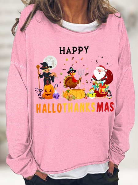

Women'S Harry Hallothankmas Santa Claus Witch Turkey Funny Graphics Printed Christmas Crew Neck Casual Sweatshirt, Pink, Hoodies&Sweatshirts