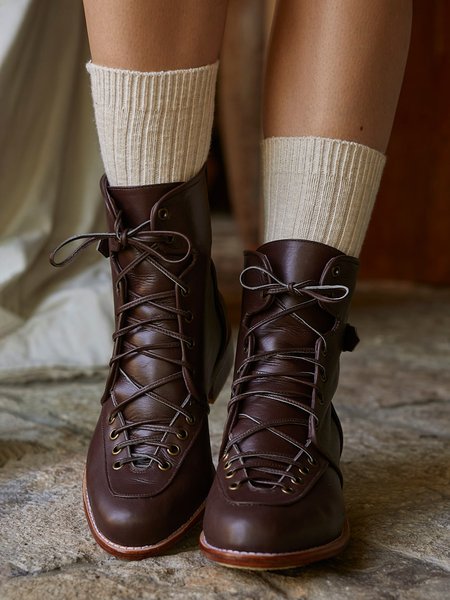 

Vintage Plain Lace-Up Buckle-embellished Combat Boots, Red brown, Boots