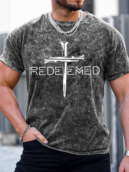 

Mens Redeemeo Cross Graphics Printed Crew Neck Text Letters T-Shirt, As picture, T-shirts