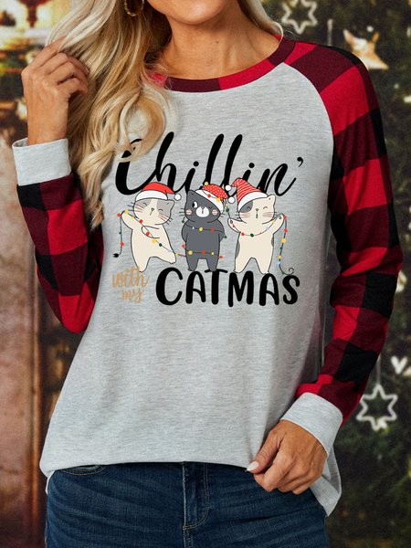 

Chillin With My Catmas Women's Long Sleeve Buffalo Plaid T-Shirt, White, Long sleeves