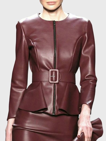 

Daily Zipper Long sleeve Urban Plain Jacket, Deep red, Outerwear