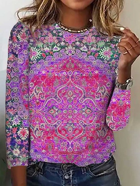 

Loose Ethnic Casual T-Shirt, Purple, T-Shirts