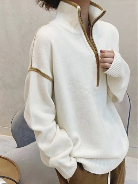 

Daily Long sleeve Simple Color Block Sweater, Off white, Pullovers