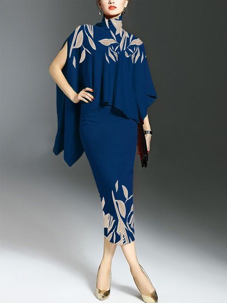 

Elegant Regular Fit Turtleneck Midi Dress, Blue, Midi Dresses