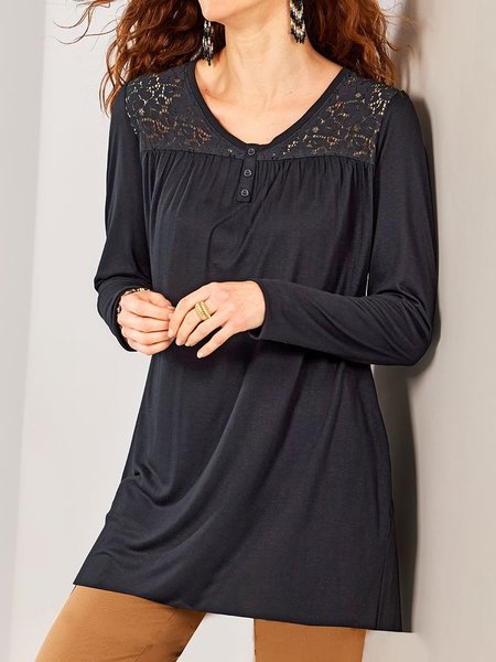 

Lace Casual Loose Crew Neck Top, Black, Tops
