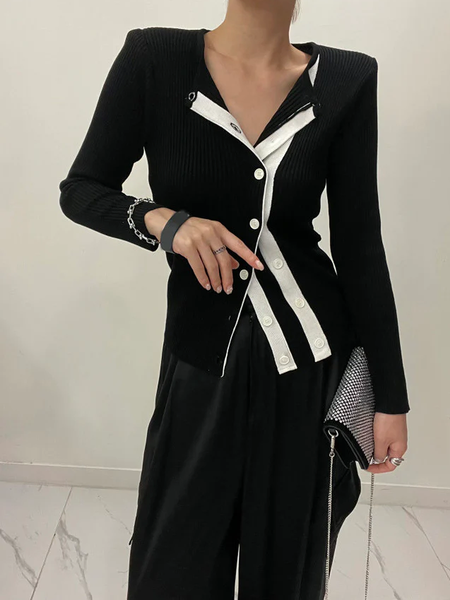 

High Elasticity Crew Neck Regular Fit Long sleeve Sweater Coat, Black-white, Cardigans