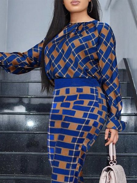 

Crew Neck Urban Geometric Long Sleeve Blouse, Blue, Blouses and Shirts