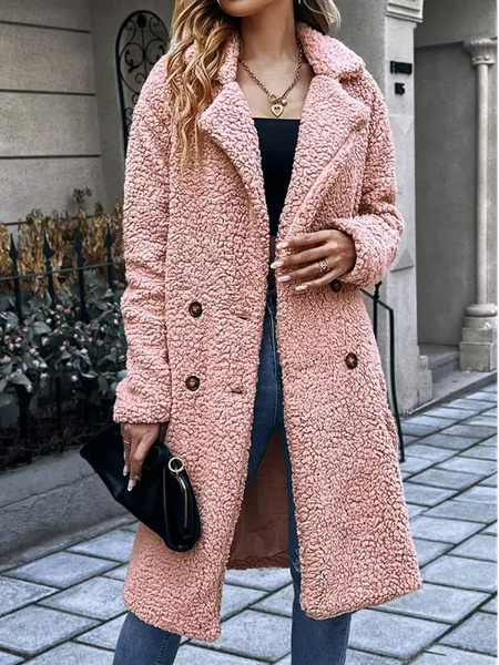 

Casual Loose Solid Lamb Wool Double Breasted Coat, Pink, Coats