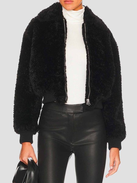 

Urban Shawl Collar Plain Long Sleeve Teddy Jacket, Black, Others