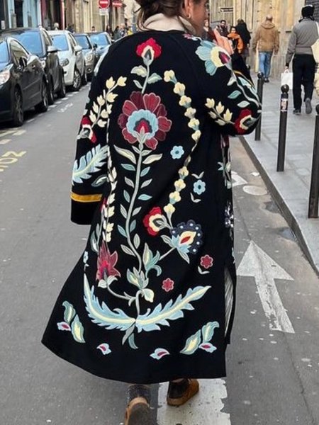 

Casual Floral Shawl Collar Overcoat, Black, Coats