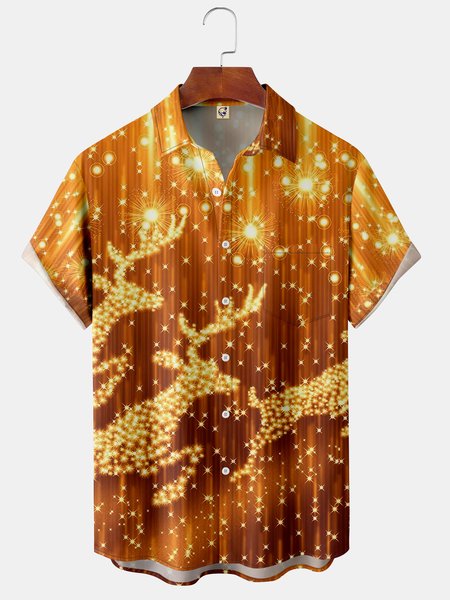 

Christmas Reindeer Chest Pocket Short Sleeve Casual Shirt, Yellow, Men Shirts