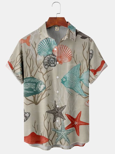 Marine Life Chest Pocket Short Sleeve Hawaiian Shirt, Khaki, Men Shirts