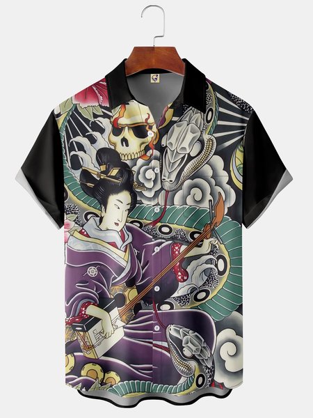 

Japanese Ukiyoe Beauty Chest Pocket Short Sleeve Resort Shirt, Black, Men Shirts