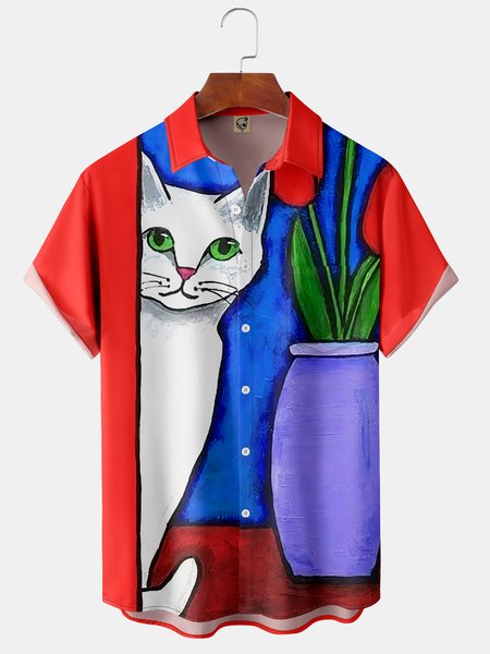

Cat Painting Chest Pocket Short Sleeve Casual Shirt, Red, Men Shirts