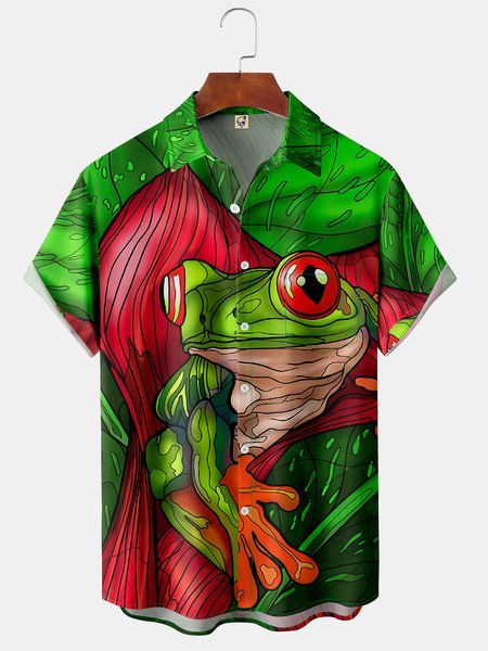 

Frog Chest Pocket Short Sleeve Resort Shirt, Green, Men Shirts