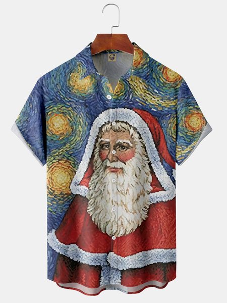 

Starry Night Santa Claus Chest Pocket Short Sleeve Casual Shirt, Blue, Men Shirts