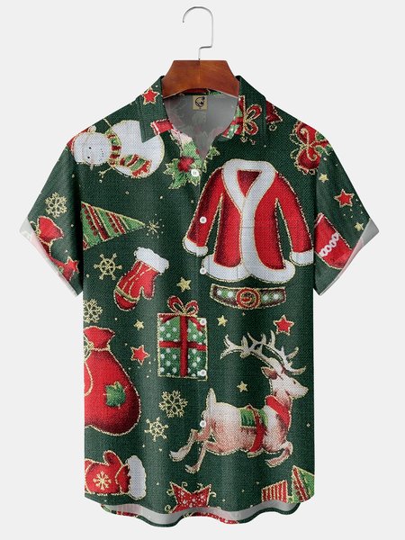 

Christmas Chest Pocket Short Sleeve Casual Shirt, Green, Men Shirts